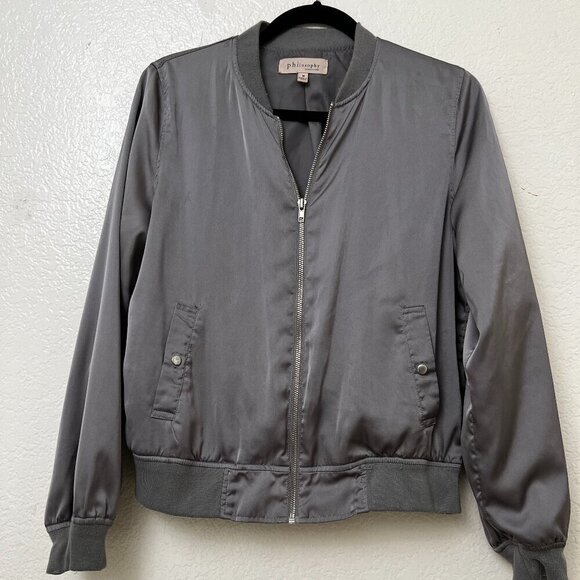 PHILOSOPHY Y2k 90s Style Gray Satin Bomber Full Zip Lined Jacket Size Medium - Picture 1 of 11